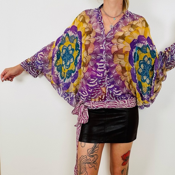 Marciano 100% silk long sleeve blouse abstract print boho top wrap tie waist - Picture 3 of 7